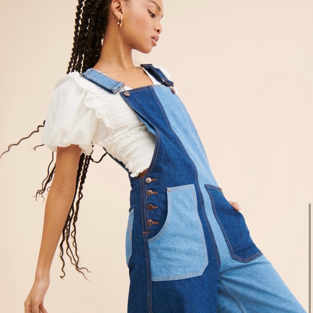 FARM Rio Two-Tone Blue Patchwork Wide-Leg Overalls - Picture 2 of 4